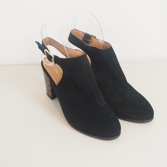 Vionic Lacey Tortoise Women's Size 9.5 Black Suede Ankle Strap Open Back Heels - Picture 1 of 12